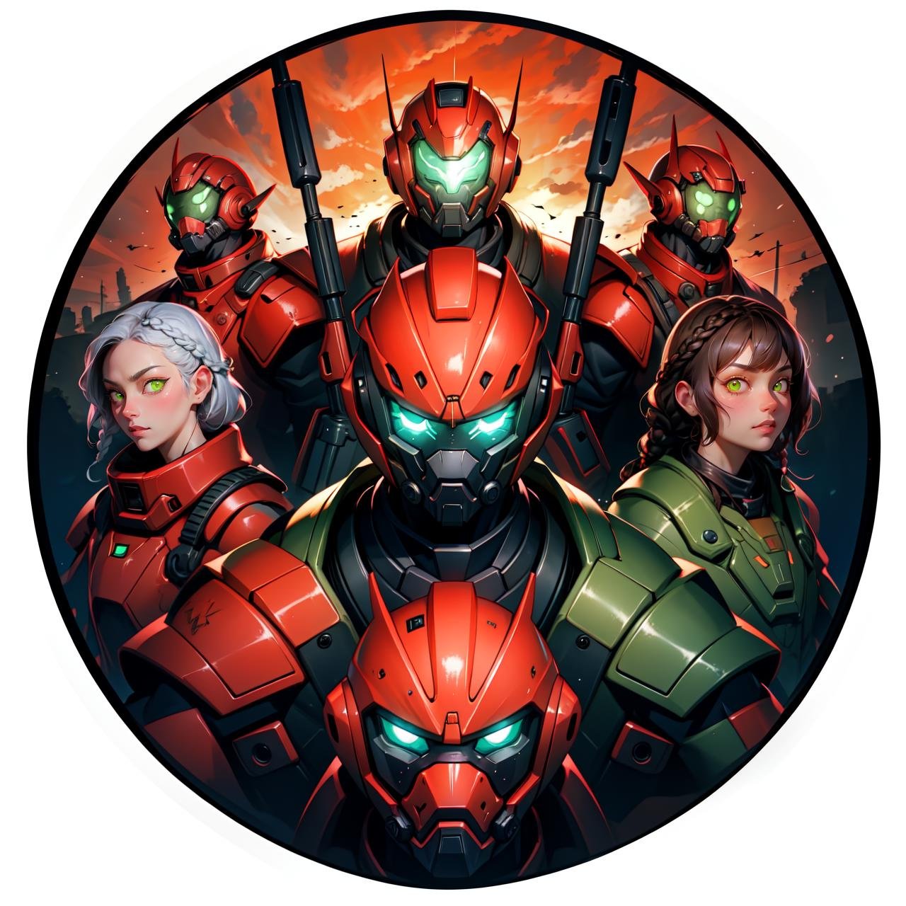 Kirigami representation of (masterpiece, best quality:1),(3girls and boys:1.1),(red power armor:1.1),(sci fi helmet on head with glowing green eyes,mask:0.8),looking at viewer,military squad,single braid,(fisheye),absurdres,HDR,colorful,detailed background,outdoors,<lora:nukeops14ssv0.99.64tx2.2-011-000001:0.34> . 3D, paper folding, paper cutting, Japanese, intricate, symmetrical, precision, clean lines