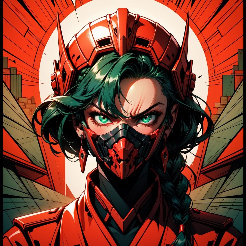 (masterpiece, best quality, beautiful and aesthetic:1.1),(cubism art:1.4),sharp image,poster,1girl,[sci fi red helmet on head with glowing green eyes],mask,snukp,(pretty surprised face),angry eyes,(the most beautiful face in the world:0.8),(beautiful detailed symmetrical eyes:0.8),single braid,dark green hair,(sci fi future:1.02),pathos scene,absurdres,HDR,colorful,<lora:nukeops14ssv0.99.64tx2.2-011-000001:0.33>