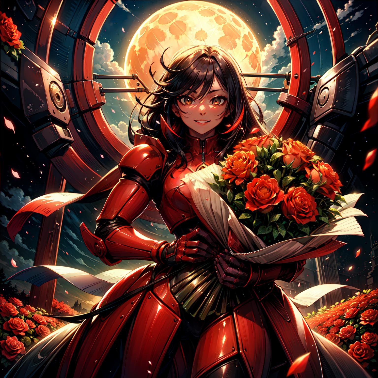 (masterpiece, best quality, beautiful and aesthetic, cozy:1.1),(beautiful 1boy holds out a beautiful bouquet of roses to the viewer:1.1),solo boy,rose gives for viewer,International Women's Day style,happiness celebration,(snukp),(boy in metal red power armor:1.15) BREAK(pretty smile amazed face),(the most beautiful male face in the world:0.9),(beautiful detailed symmetrical expression eyes:0.9),looking at viewer,(cowboy shot),spring,flower petals in the air,absurdres,HDR,detailed background,big moon at sky,colorful,soft light,[floral pattern],<lora:nukeops14ssv0.99.64tx2.2-011-000001:0.37>