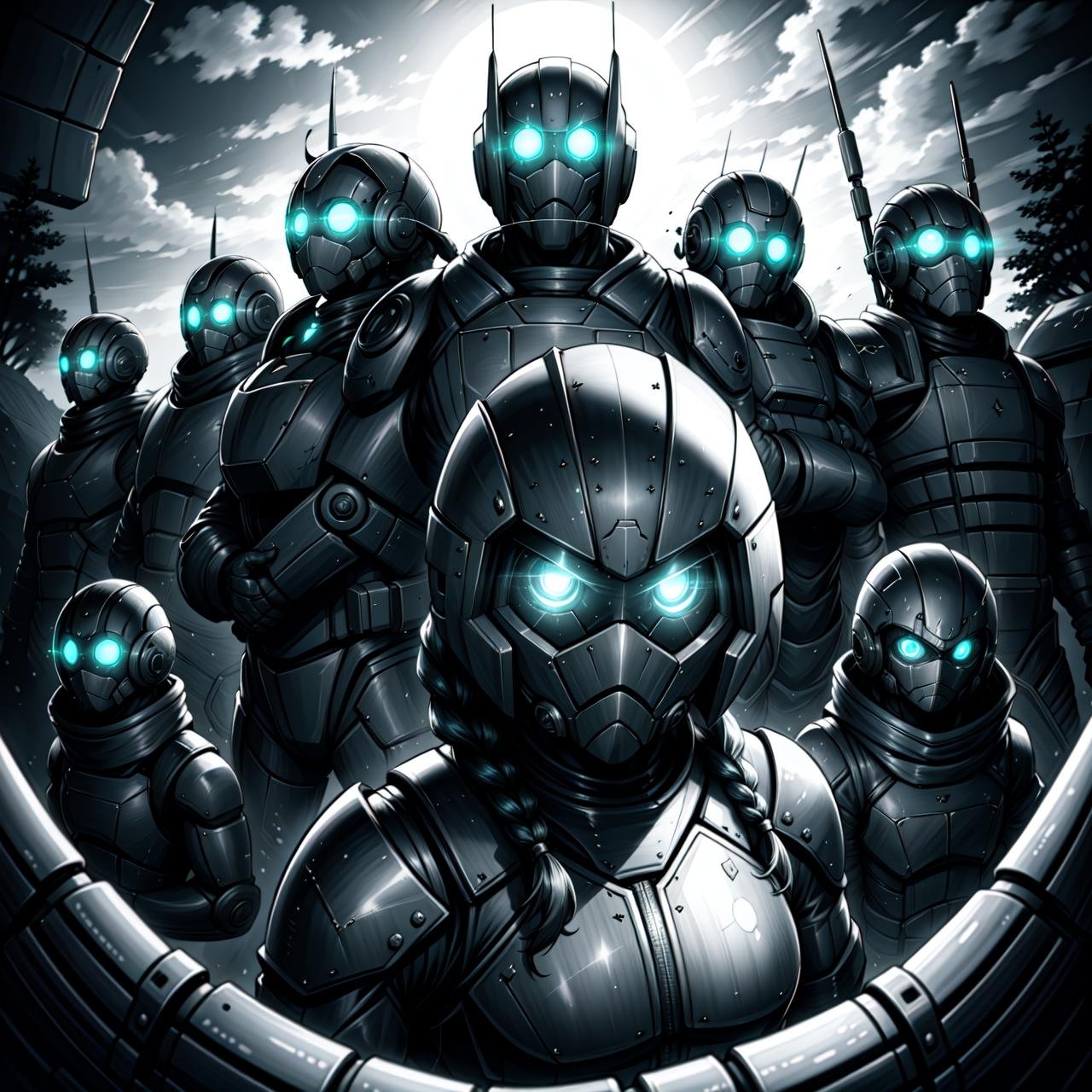 Monochrome (masterpiece, best quality:1),(3girls and boys:1.1),(red power armor:1.1),(sci fi helmet on head with glowing green eyes,mask:0.8),looking at viewer,military squad,single braid,(fisheye),absurdres,HDR,colorful,detailed background,outdoors,<lora:nukeops14ssv0.99.64tx2.2-011-000001:0.34> . Black and white, contrast, tone, texture, detailed