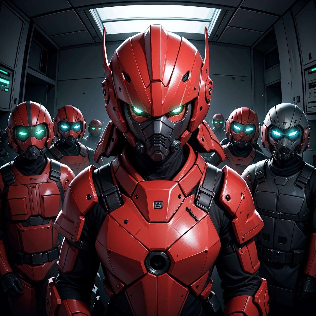 (masterpiece, best quality, beautiful and aesthetic:1.1),1girl in front of in red power armor:1.1),[sci fi helmet on head with glowing green eyes],mask,two head in helmet on each side,looking at viewer,military squad,(pretty joyous face),(the most beautiful face in the world:0.8),(beautiful detailed symmetrical eyes:0.8),pink hair,(future:1.02),(fisheye),pathos scene,absurdres,HDR,colorful,<lora:nukeops14ssv0.99.64tx2.2-011-000001:0.36>