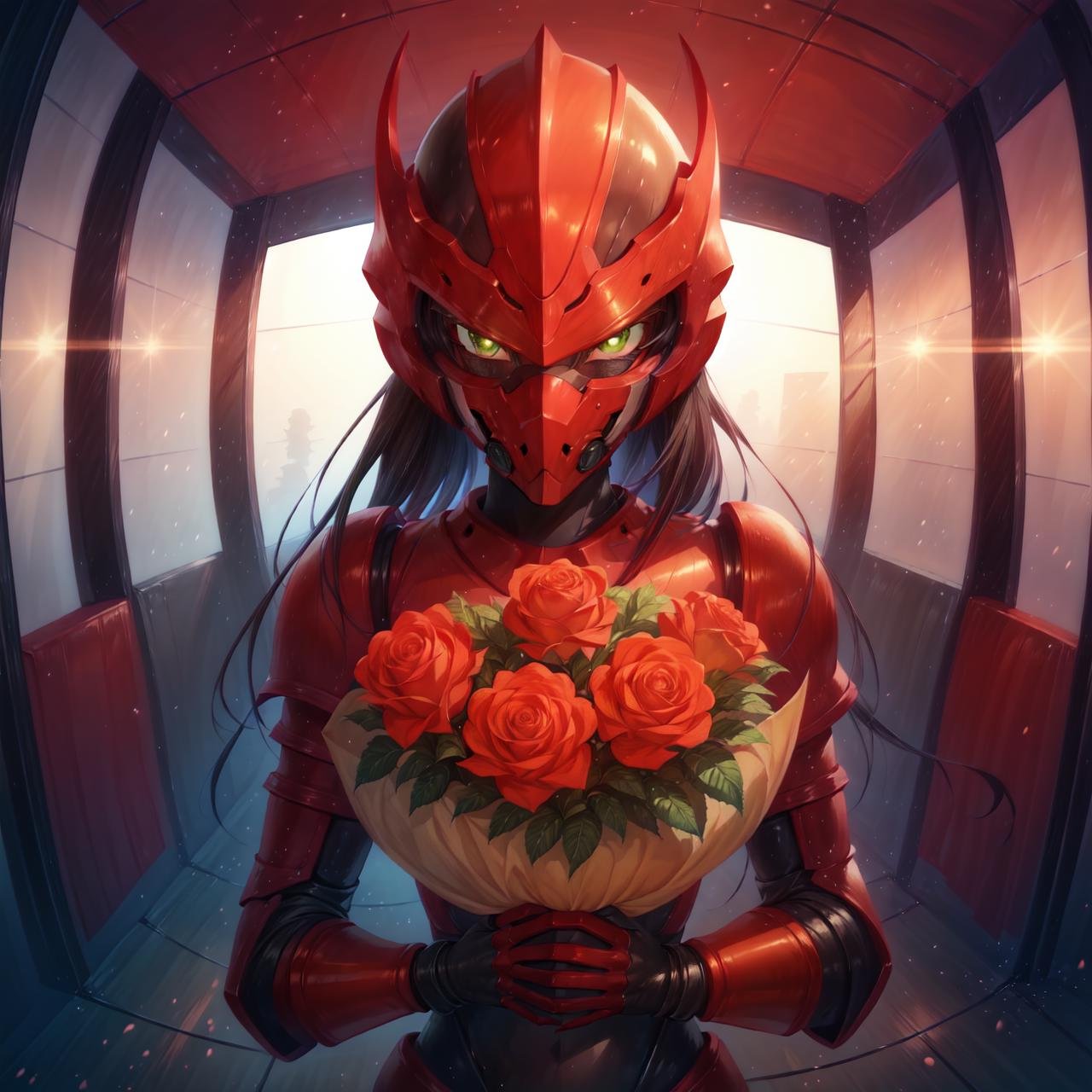 (masterpiece, best quality, beautiful and aesthetic:1.1),(solo:1.1),International Women's Day style,holds out a beautiful bouquet of roses to the viewer,celebration,(red power armors:1.1),(sci fi detailed helmet on head with mask:0.9),glowing green eyes,looking at viewer,(fisheye),absurdres,HDR,detailed background,indoors,colorful,<lora:nukeops14ssv0.99.64tx2.2-011-000001:0.28>