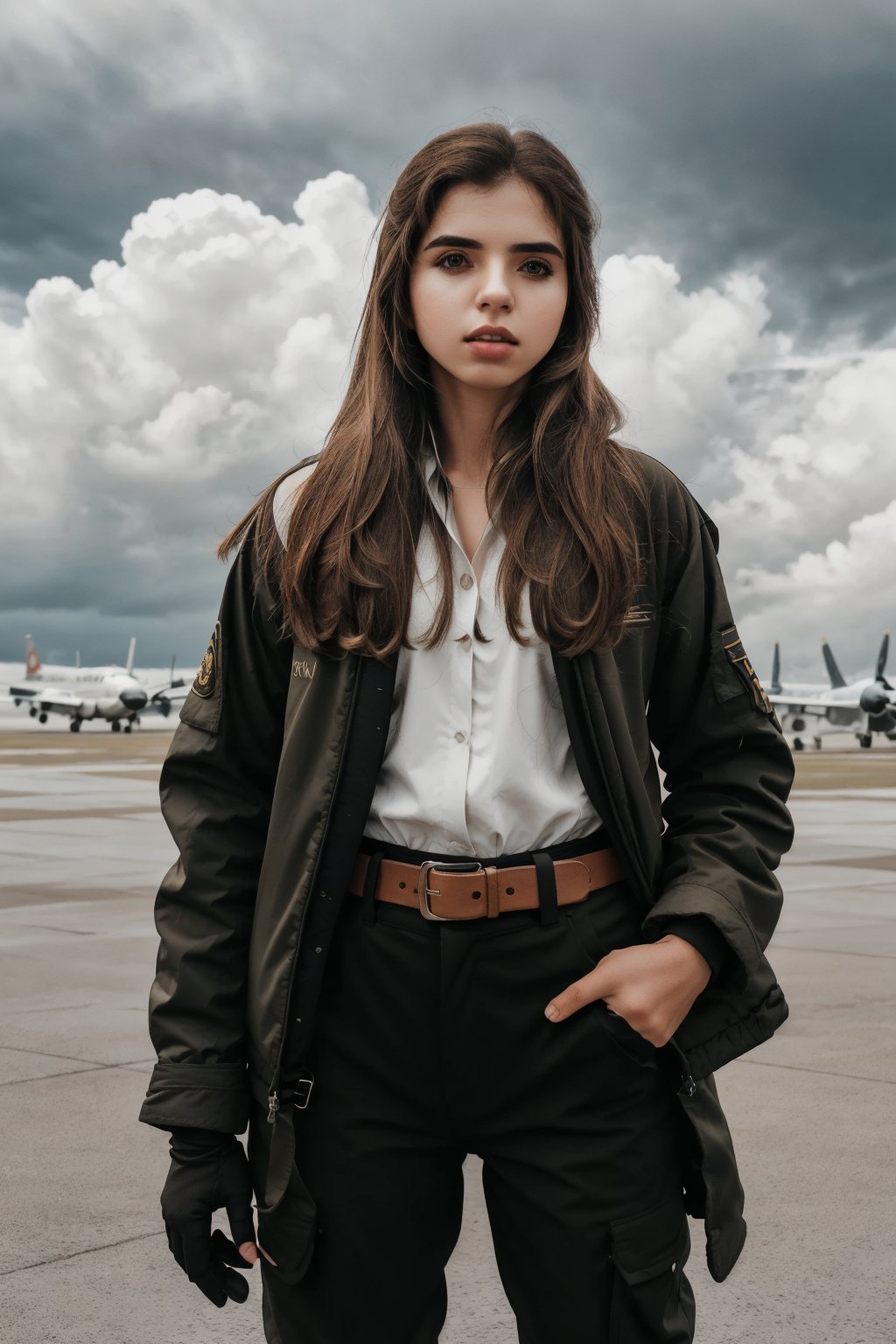 1girl, solo, long hair, brown hair, gloves, holding, standing, jacket, outdoors, sky, day, belt, pants, cloud, military, cloudy sky, realistic, aircraft, airplane, photo background