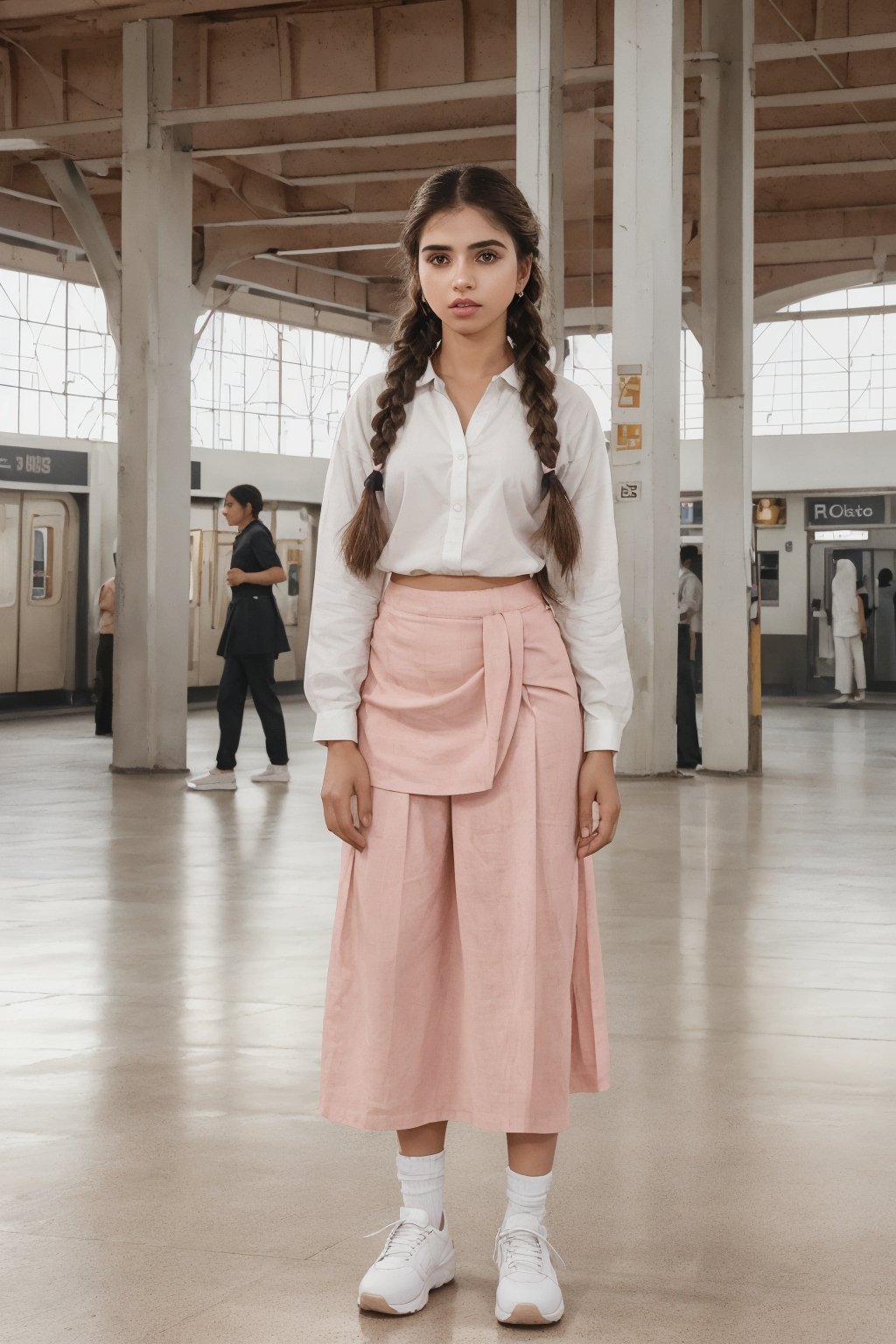 1girl, long hair, skirt, brown hair, shirt, standing, white shirt, braid, multiple boys, solo focus, pants, indoors, twin braids, white footwear, pink skirt, 6+boys, realistic, train station,Mallu