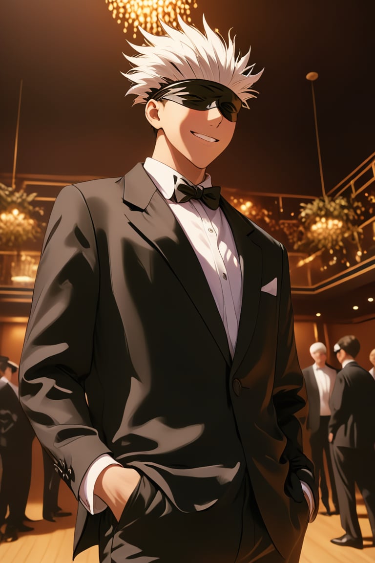 niji,party theme,smile, short hair, bangs, shirt, black hair, long sleeves, 1boy, bow, standing, jacket, white shirt, white hair, male focus, cowboy shot, solo focus, collared shirt, pants, indoors, bowtie, black jacket, dress shirt, black bow, black pants, formal, suit, spiked hair, facing viewer, hand in pocket, black bowtie, hands in pockets, blindfold, covered eyes, black blindfold, gojou satoru, 