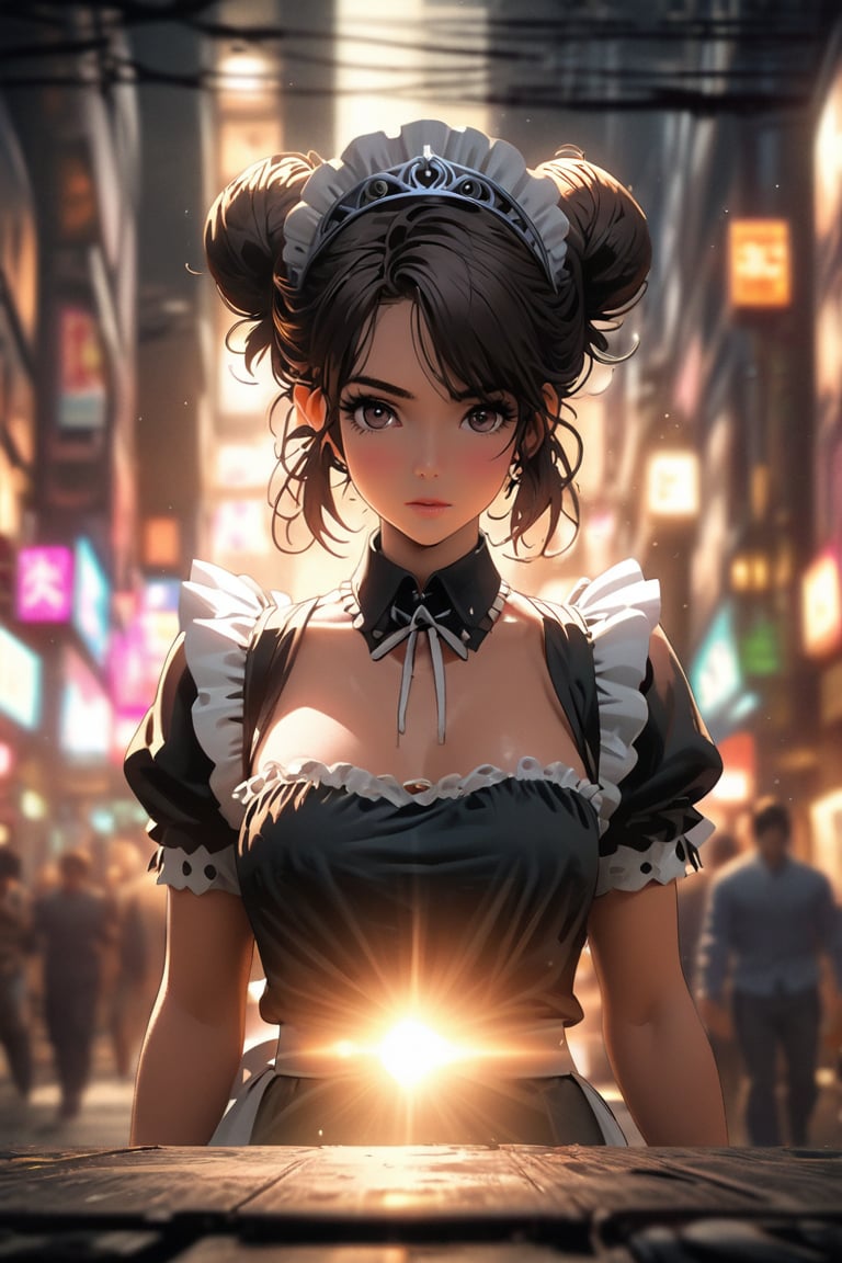 Comic city hunter style,25 year old beautiful maid,maid outfit,Maid tiara,bun hair,full body portrait,colorful,Japanese cartoonist Tsukasa Hojo's style,depth of field,OC renderer,Movie lighting,Super fine,Super detailed,complex,cinematic perspective,CG art,