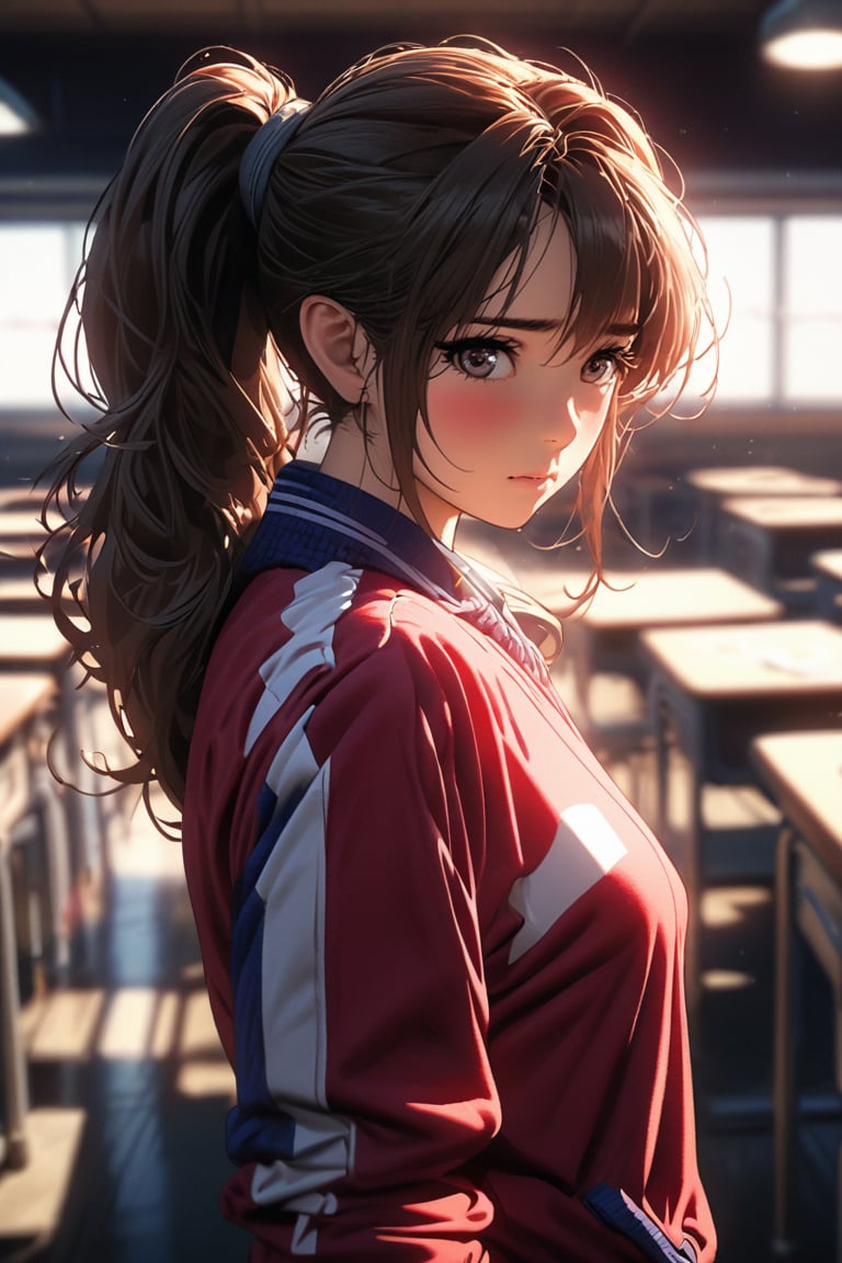 Comic city hunter style,19 year old beautiful girl,classroom,sportswear ,ponytail,Shy,close up,rich and colorful,Japanese cartoonist Tsukasa Hojo's style,depth of field,Overclocked renderer,movie lighting,Ultra-fine,super detailed,complicated,cinematic perspective,CG art,