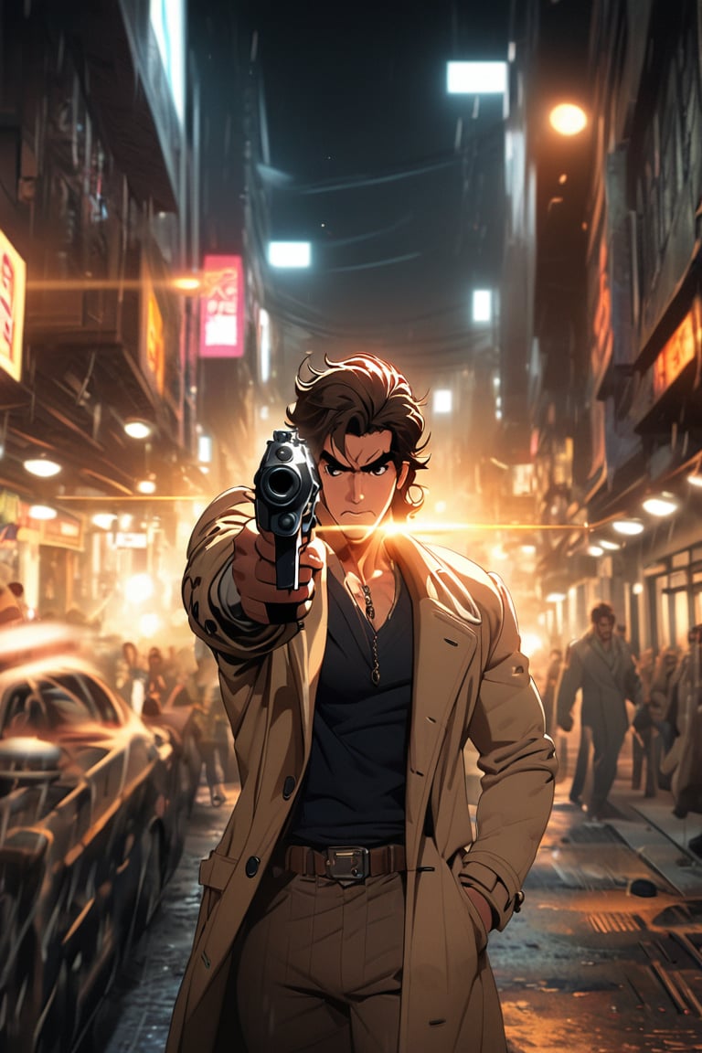 Comic city hunter style,30 year old handsome man,Beige long trench coat,Point a pistol at me,open fire,colorful,Japanese cartoonist Tsukasa Hojo's style,depth of field,White background,OC renderer,Movie lighting,Super fine,Super detailed,complex,cinematic perspective,CG art,