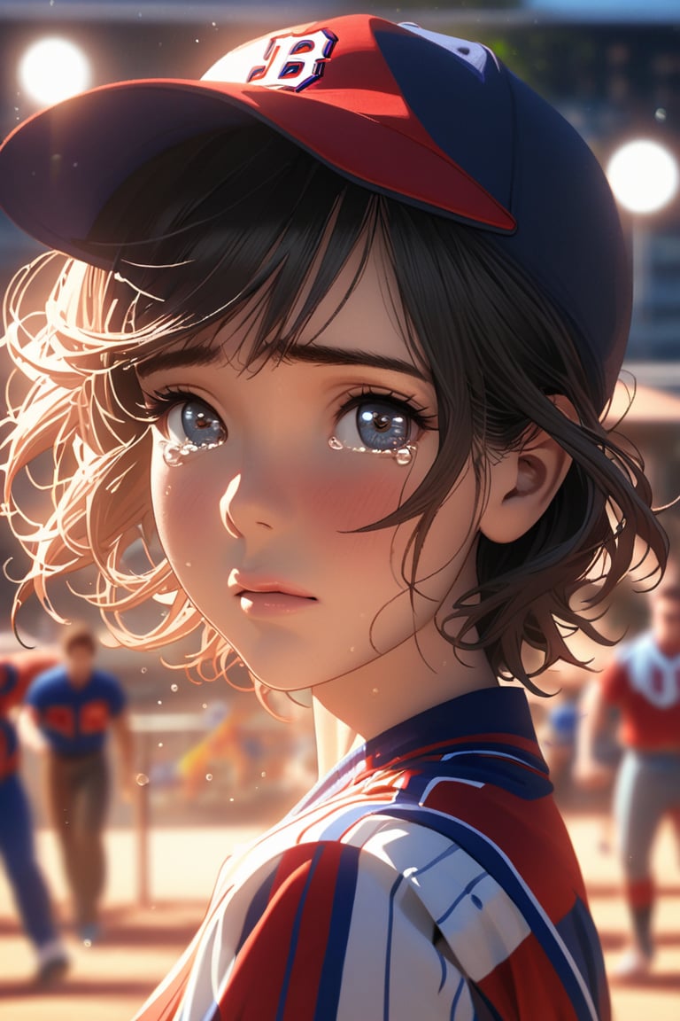 Comic city hunter style,18 year old beautiful girl,playground,baseball uniform,baseball cap,short hair,Wronged,cry,The tears kept flowing,close up,portrait,colorful,Japanese cartoonist Tsukasa Hojo's style,depth of field,OC renderer,Movie lighting,Super fine,Super detailed,complex,cinematic perspective,CG art,