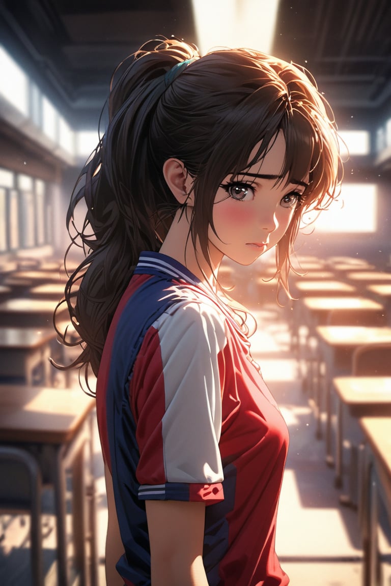 Comic city hunter style,18 year old beautiful girl,classroom,sportswear ,ponytail,Shy,close up,rich and colorful,Japanese cartoonist Tsukasa Hojo's style,depth of field,Overclocked renderer,movie lighting,Ultra-fine,super detailed,complicated,cinematic perspective,CG art,