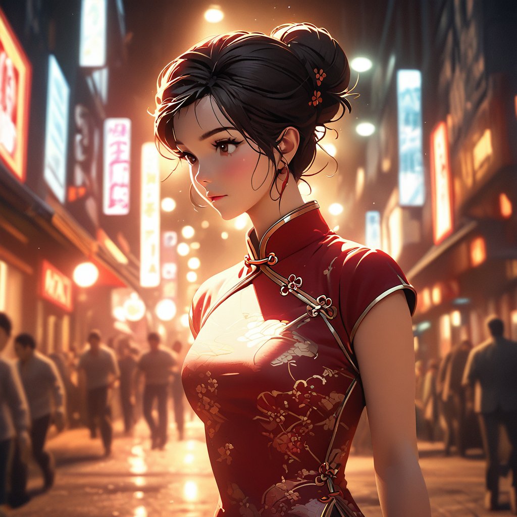 Comic city hunter style,25 years old beautiful woman,Red gold edge cheongsam,High bun,full body portrait,colorful,Japanese cartoonist Tsukasa Hojo's style,depth of field,OC renderer,Movie lighting,Super fine,Super detailed,complex,cinematic perspective,CG art,