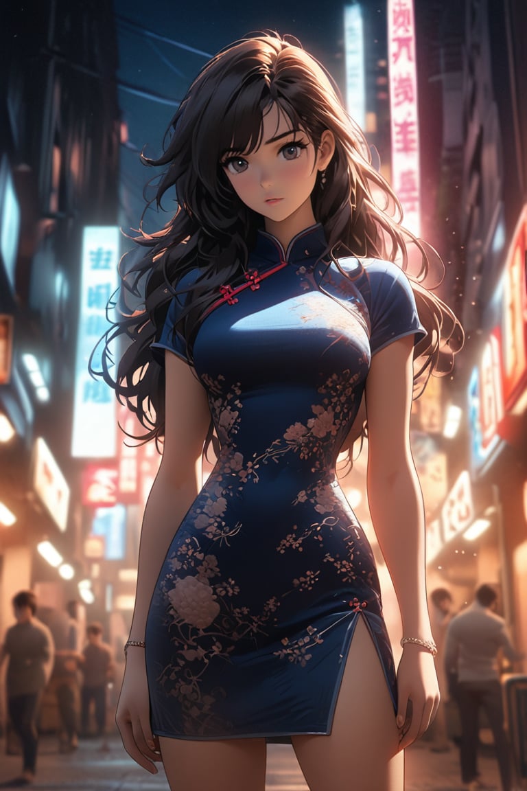 Comic city hunter style, Cheongsam girl,long hair, nightscape background,depth of field,low angle view,calf level view,Overclocked renderer,movie lighting,Ultra-fine,super detailed,complicated,cinematic perspective,CG art,low angle, cowboy_shot