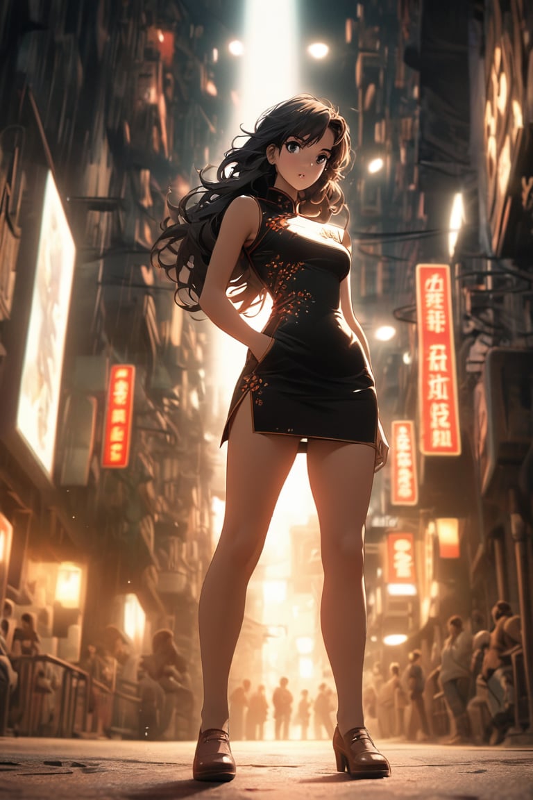 Comic city hunter style, Cheongsam girl,long hair,pure white background,depth of field,low angle view,calf level view,Overclocked renderer,movie lighting,Ultra-fine,super detailed,complicated,cinematic perspective,CG art,low angle, cowboy_shot