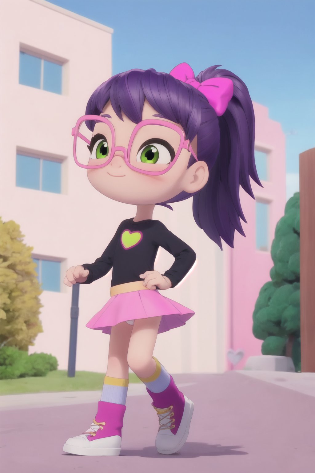 Abby Hatcher, purple hair, short ponytail, pink bow in hair, pink glasses, fingerless gloves, green eyes, purple shoes, striped socks, black shirt with heart, pink miniskirt, outdoors, upskirt, cameltoe, loli, 