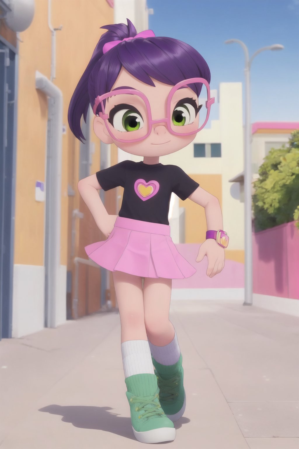 Abby Hatcher, purple hair, short ponytail, pink bow in hair, pink glasses, fingerless gloves, green eyes, purple shoes, striped socks, black shirt with heart, pink miniskirt, outdoors, upskirt, 