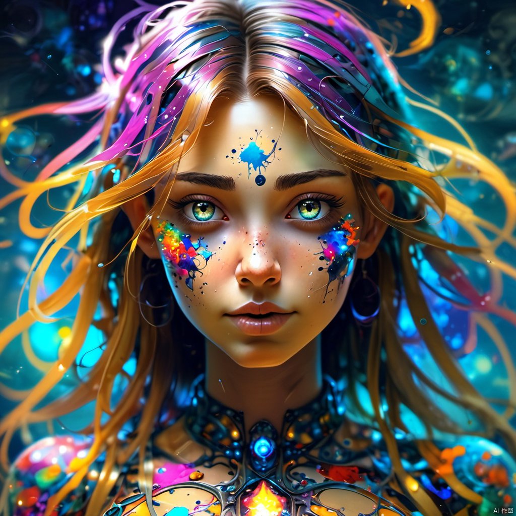 1girl,

magical radiance, Concept art,depth of fieldm, realistic, fractal, colorful, depth of field, vivid colors, volumetric lighting, ink stains, ink splatters, ink runs, ink spots, faded ink linquivera