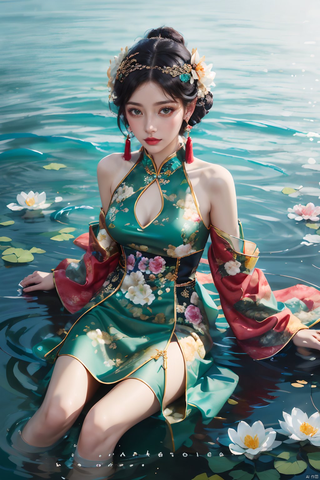  masterpiece,best quality,
1girl, solo, looking at viewer, black hair, hair ornament, dress, bare shoulders, jewelry, flower, earrings, detached sleeves, hair flower, water, chinese clothes, floral print, tassel, partially submerged, green dress