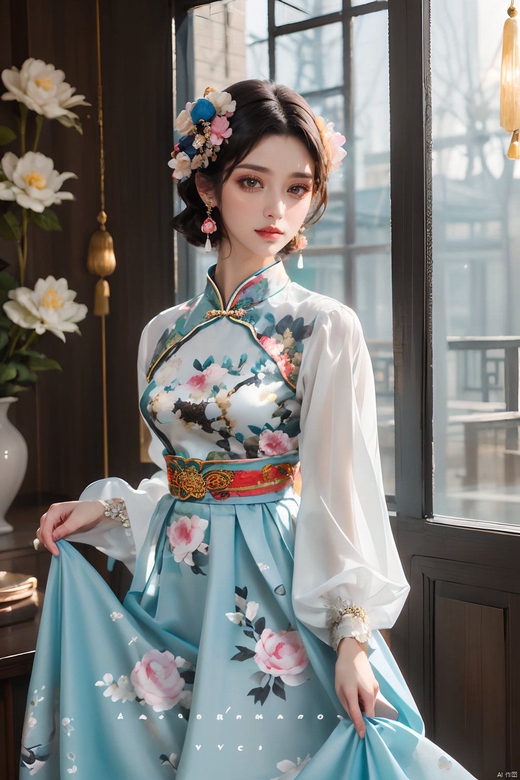  masterpiece,best quality,
1girl, solo, short hair, black hair, hair ornament, long sleeves, dress, brown eyes, jewelry, flower, earrings, parted lips, indoors, hair flower, looking to the side, chinese clothes, floral print, skirt hold