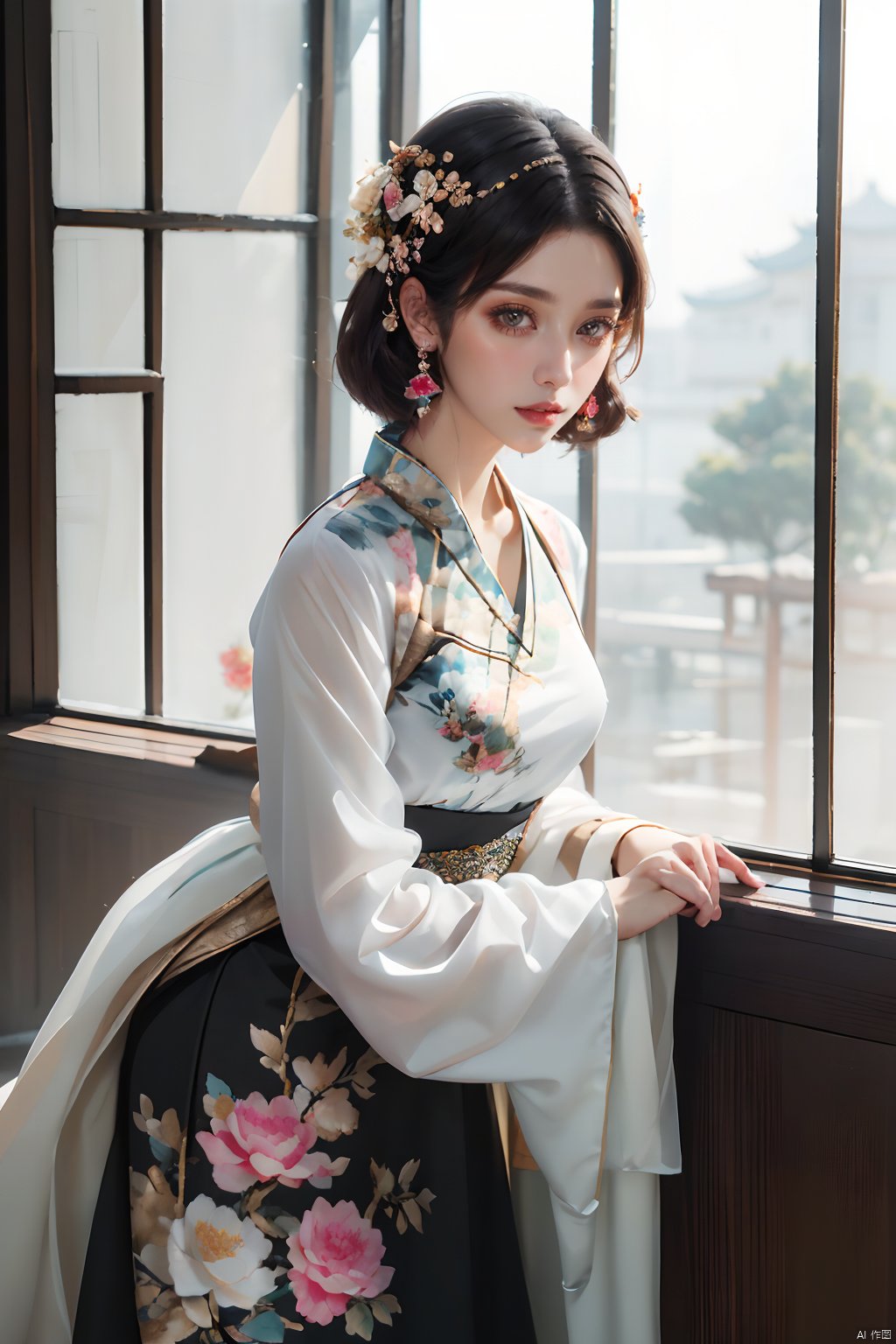  masterpiece,best quality,
1girl, solo, short hair, black hair, hair ornament, long sleeves, dress, brown eyes, jewelry, flower, earrings, parted lips, indoors, hair flower, looking to the side, chinese clothes, floral print, skirt hold