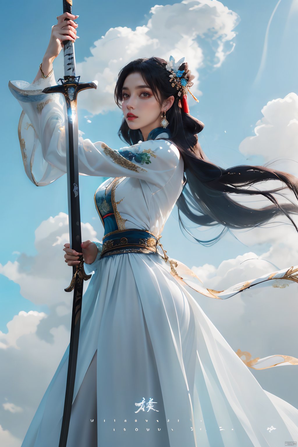  masterpiece,best quality,
1girl, solo, long hair, black hair, hair ornament, long sleeves, dress, holding, jewelry, weapon, earrings, sky, day, sword, cloud, holding weapon, white dress, blue sky, holding sword, chinese clothes