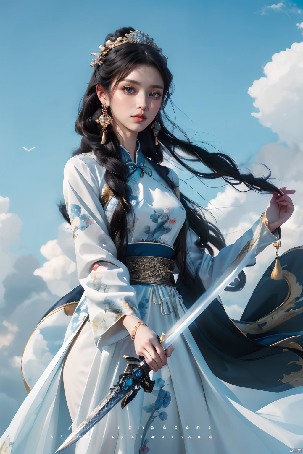  masterpiece,best quality,
1girl, solo, long hair, black hair, hair ornament, long sleeves, dress, holding, jewelry, weapon, earrings, sky, day, sword, cloud, holding weapon, white dress, blue sky, holding sword, chinese clothes