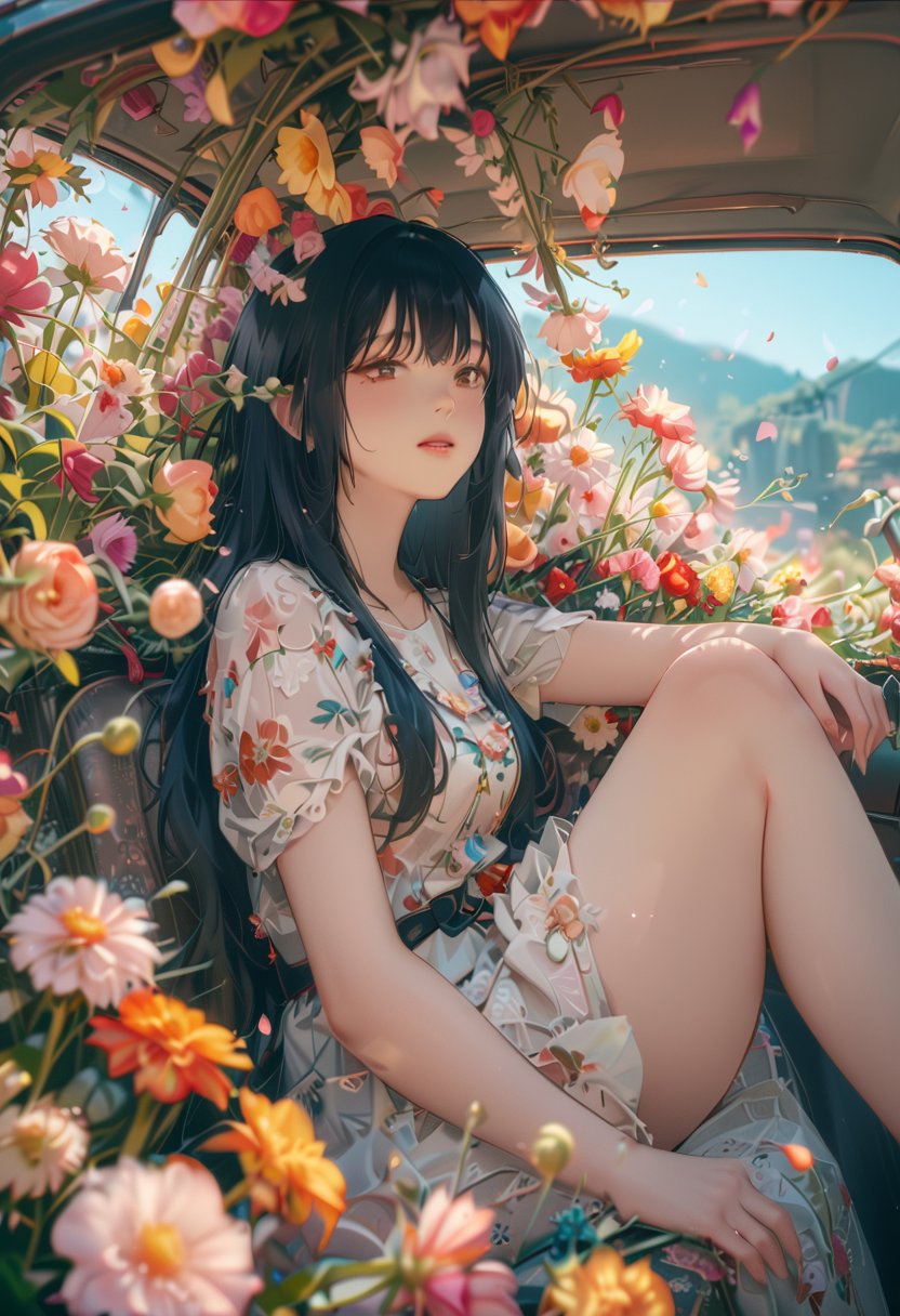 best quality, masterpiece, ambient lighting, ultra-fine painting, bokeh, beautiful rendering, professional, healing, peaceful, lonely, (Old girl with black hair), (very long straight hair flowing), flower, flower car, in car