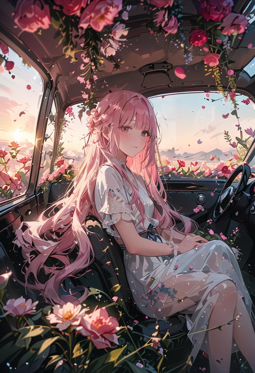 best quality, masterpiece, ambient lighting, ultra-fine painting, bokeh, beautiful rendering, professional, healing, peaceful, lonely, (One cute young girl with pink hair), (very long straight hair flowing), flower, flower car, in car,ink