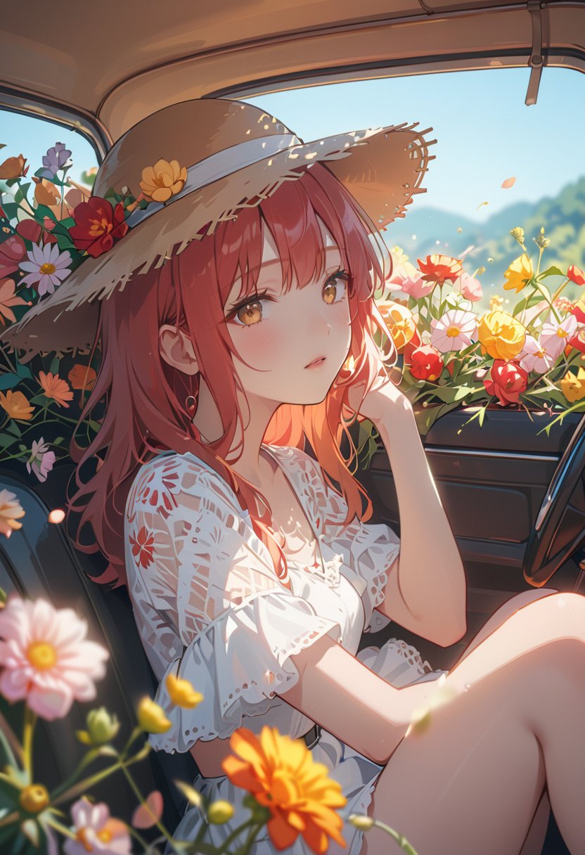 best quality, masterpiece, ambient lighting, ultra-fine painting, bokeh, beautiful rendering, professional, healing, peaceful, lonely, 1girl, straw hat, red hair, flower, flower car, in car,anime,anime black line