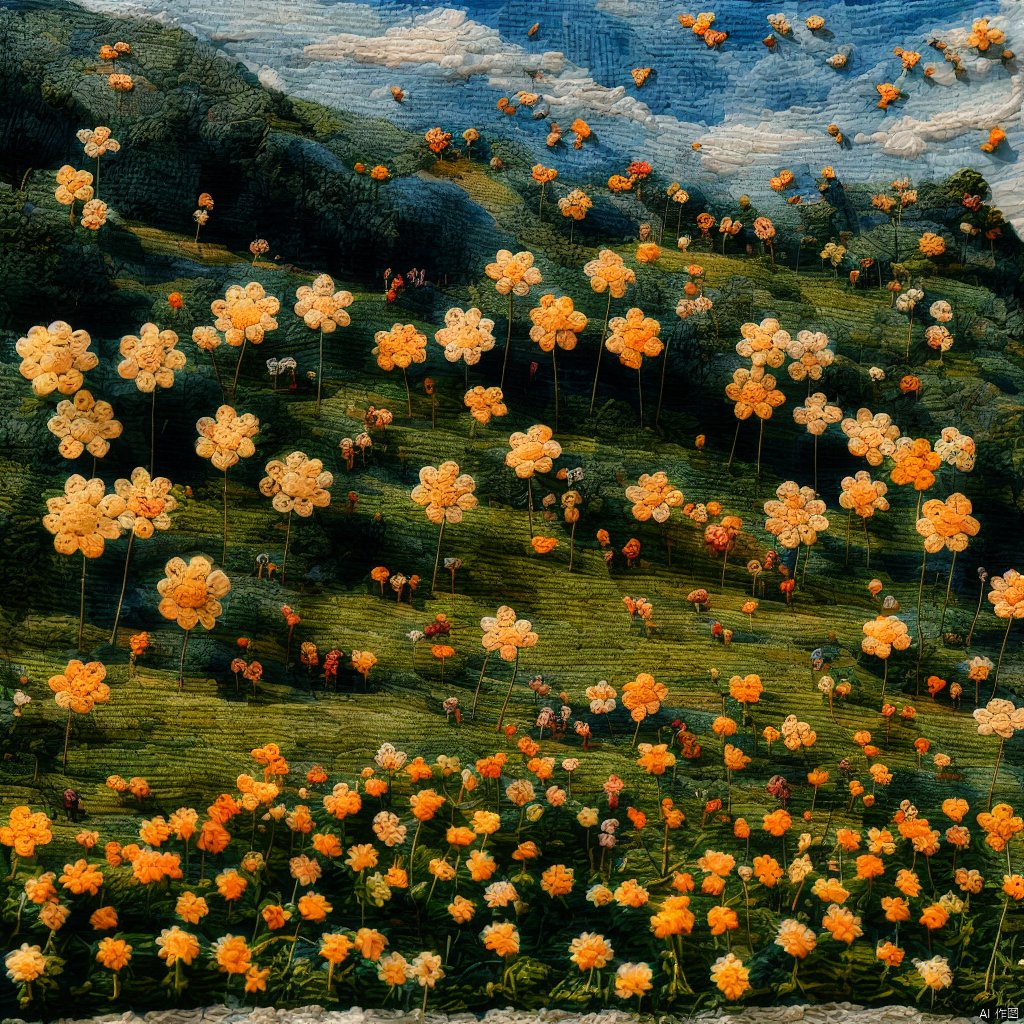  Maoxian,greening grass fields in spring, (emerald green grass), (dotted with colorful wildflowers), (vibrant and lively atmosphere), (patches of daisies), (butterflies fluttering), (bees collecting nectar), (gentle rolling hills), (clear blue sky above), (sunlight casting long shadows), (path winding through the meadow), (signs of new growth everywhere).