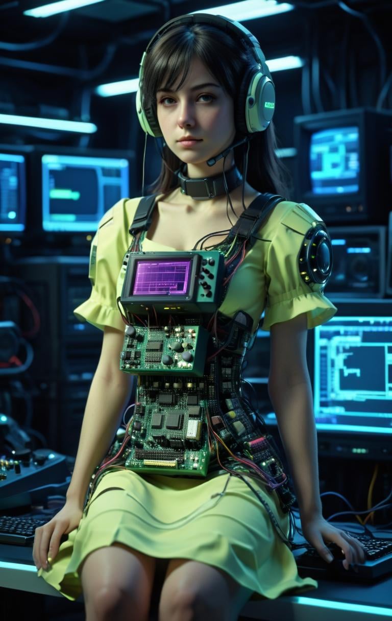 mboard artstyle,   gamergirl dressed up in a dress made out of video game consoles   <lora:Motherboard artstyle - trigger is mboard artstyle:1>