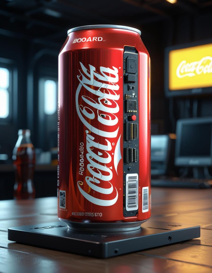 mboard artstyle can of coca-cola.  product photography  <lora:Motherboard artstyle - trigger is mboard artstyle:1>, 
