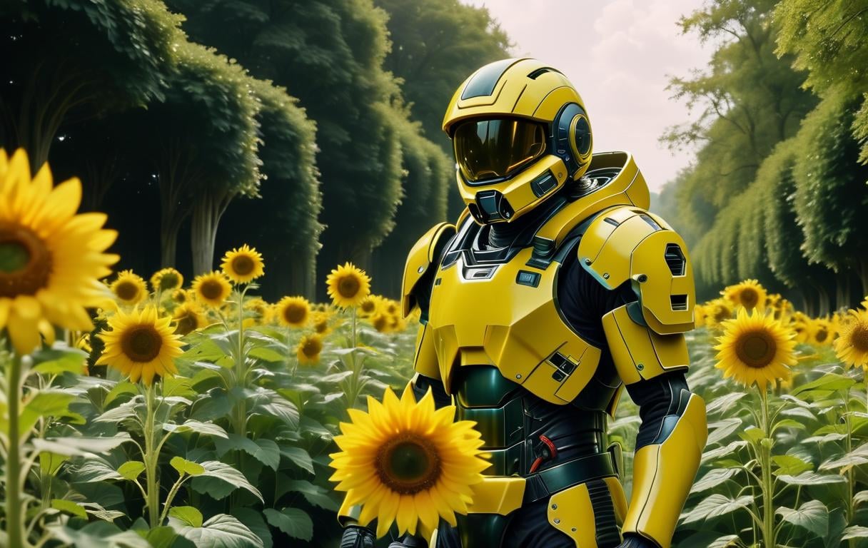 mhelmet artstyle artstyle in a lush garden, a single sunflower standing tall, its bright yellow petals contrasting with the greenery, symbolizing hope amidst adversity, captured in a warm and uplifting frame, portraying the beauty of resilience. <lora:2024-04-01 - mjhelmet - 64dim - LoRA.safetensors:1>