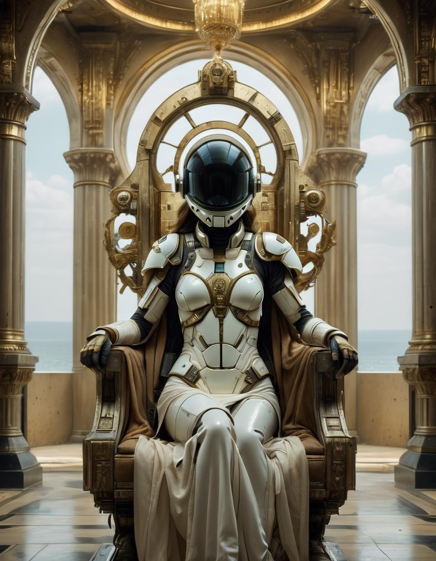 mhelmet artstyle artstyle, dressed in a regal gown, sits on a throne, her expression conveying strength and wisdom, symbolizing the beauty of power and authority, framed by ornate details, showcasing the beauty of luxury in a stunning and captivating composition. <lora:2024-04-01 - mjhelmet - 64dim - LoRA.safetensors:1>