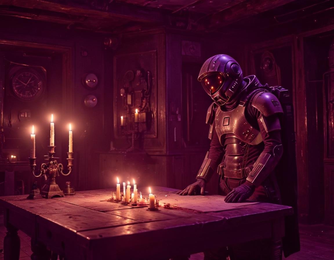 A still from a new film featuring mhelmet artstyle artstyle's character in a dark, moody mansion, with flickering candles, (creaky floorboards:1.36), and a feeling of mystery and danger. <lora:2024-04-01 - mjhelmet - 64dim - LoRA.safetensors:1>