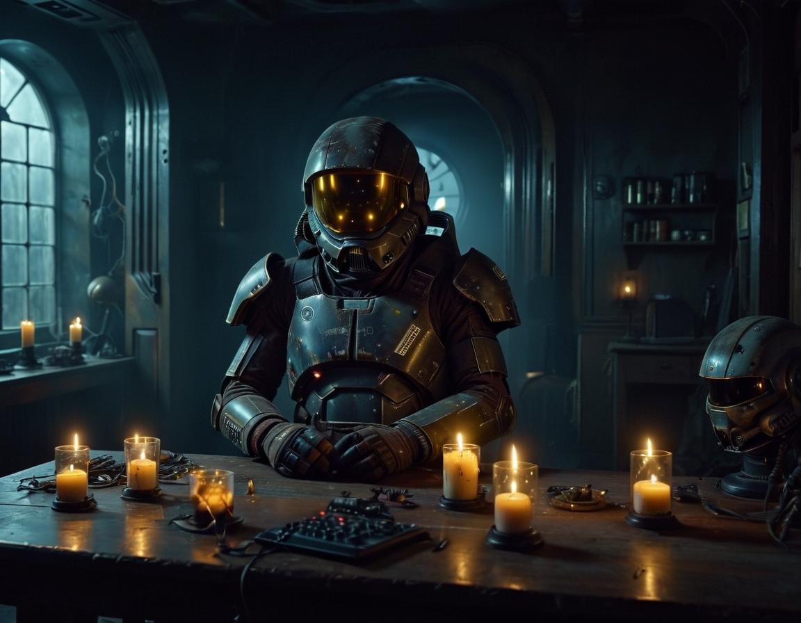 A still from a new film featuring mhelmet artstyle artstyle's character in a dark, moody mansion, with flickering candles, creaky floorboards, (and a feeling of mystery and danger:1.11). <lora:2024-04-01 - mjhelmet - 64dim - LoRA.safetensors:1>