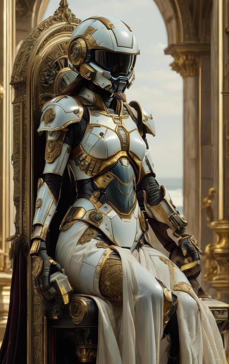 mhelmet artstyle artstyle, dressed in a regal gown, sits on a throne, her expression conveying strength and wisdom, symbolizing the beauty of power and authority, framed by ornate details, showcasing the beauty of luxury in a stunning and captivating composition. <lora:2024-04-01 - mjhelmet - 64dim - LoRA.safetensors:1>