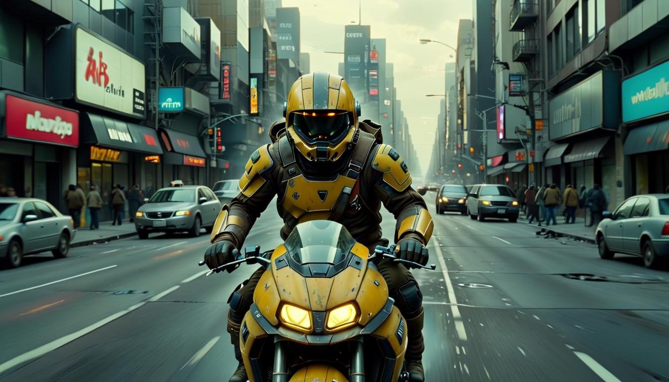 A still from a movie showing mhelmet artstyle artstyle's character in a action sequence where they are riding a motorcycle through a busy city street, (weaving in and out of traffic:1.13), narrowly avoiding accidents. <lora:2024-04-01 - mjhelmet - 64dim - LoRA.safetensors:1>