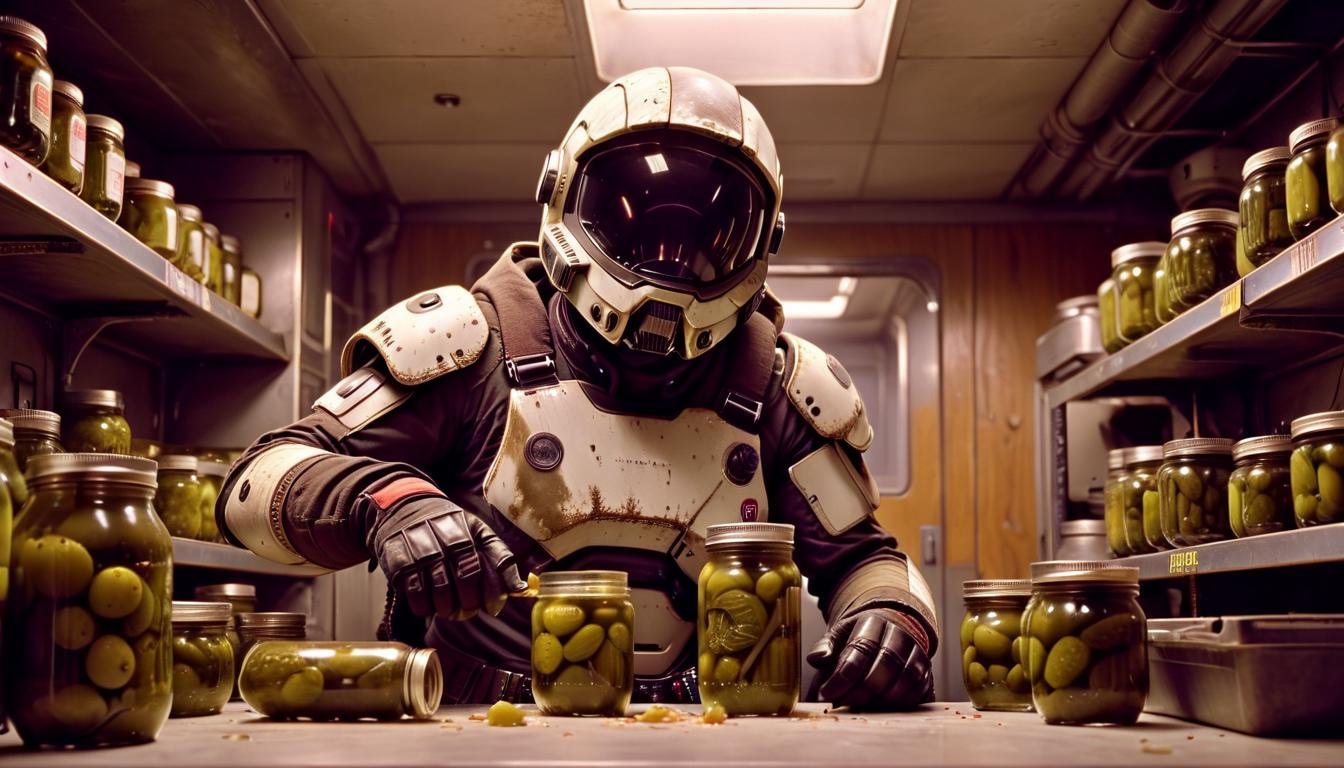 (A funny still from a new film featuring mhelmet artstyle artstyle's character trying to open a jar of pickles:1.12), hilarious struggle <lora:2024-04-01 - mjhelmet - 64dim - LoRA.safetensors:1>