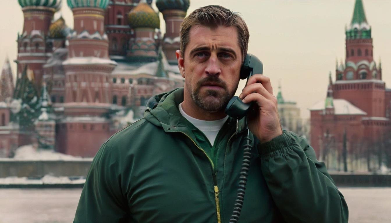 <lora:Aaron Rodgers SDXL - Trigger is aaronrodgers person:.7>  Aaronrodgers person is in a bizarre new film where There's a possessed 1990s style touchtone phone after him, the film is called 'The Phone Call', and the whole thing takes place in Moscow.  Bossin moscow fending off the possessed telephone with a Walkie-talkies 