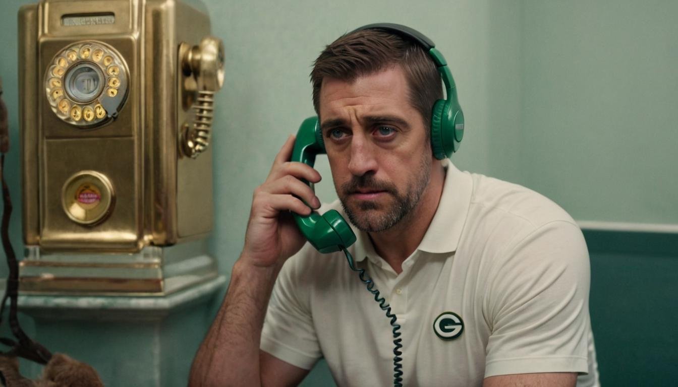 <lora:Aaron Rodgers SDXL - Trigger is aaronrodgers person:.7>  Aaronrodgers person is in a bizarre new film where There's a possessed 1990s style touchtone phone after him, the film is called 'The Phone Call', and the whole thing takes place in Moscow.  Lossin moscow fending off the possessed telephone with a Donkey Kong 