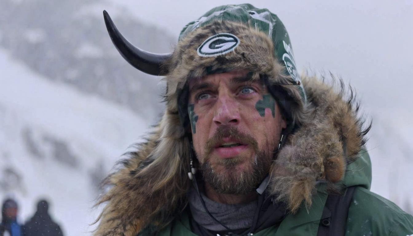 ,,Staring Closeup of aaronrodgers person with qhornguy person person , atop a snowy mountain peak, her breath visible in the crisp air, the camera zooms out to reveal the vast landscape, encapsulating the grandeur of solitude.   <lora:Aaron Rodgers SDXL - Trigger is aaronrodgers person:1> <lora:Q Shaman - Trigger w Qhornguy Person:1>