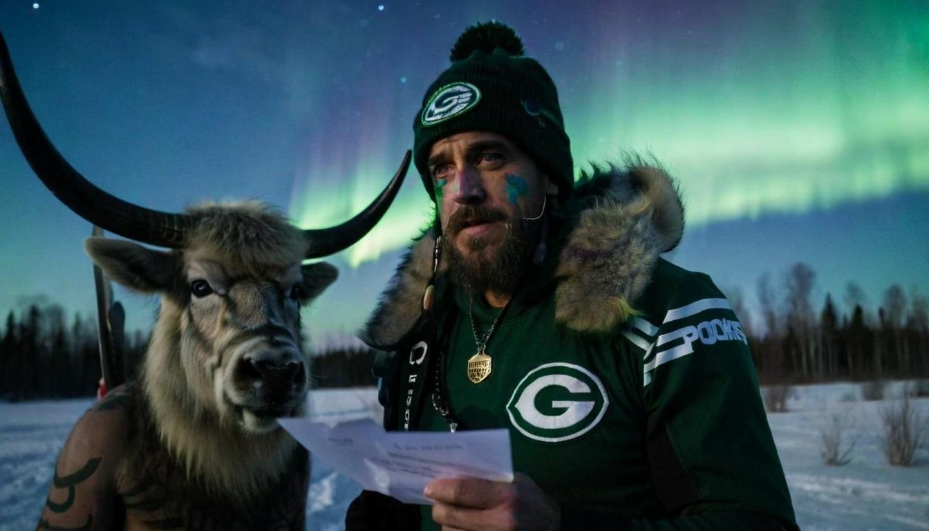 ,,With the Northern Lights shimmering above, Closeup of aaronrodgers person with qhornguy person person  pens a letter, her silhouette against the Aurora Borealis, shot in wide-angle, capturing nature's magic.   <lora:Aaron Rodgers SDXL - Trigger is aaronrodgers person:1> <lora:Q Shaman - Trigger w Qhornguy Person:1>