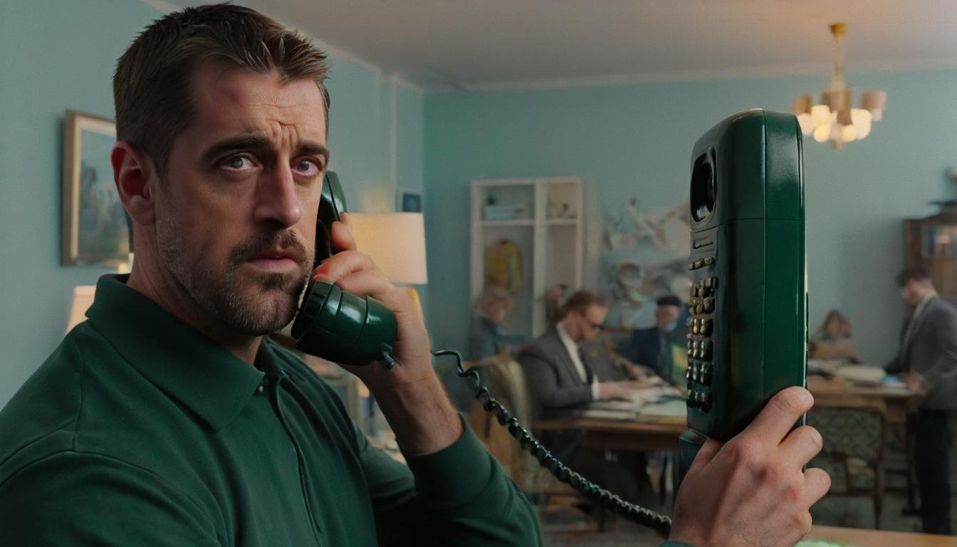 <lora:Aaron Rodgers SDXL - Trigger is aaronrodgers person:.7>  Aaronrodgers person is in a bizarre new film where There's a possessed 1990s style touchtone phone after him, the film is called 'The Phone Call', and the whole thing takes place in Moscow.  Customerin moscow fending off the possessed telephone with a MS-DOS 