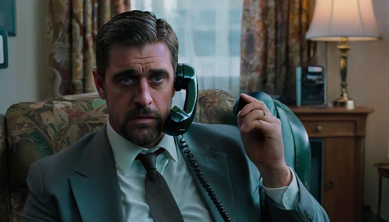 <lora:Aaron Rodgers SDXL - Trigger is aaronrodgers person:.7>  Aaronrodgers person is in a bizarre new film where There's a possessed 1990s style touchtone phone after him, the film is called 'The Phone Call', and the whole thing takes place in Moscow.  Chairwomanin moscow fending off the possessed telephone with a Floppy disk drives 
