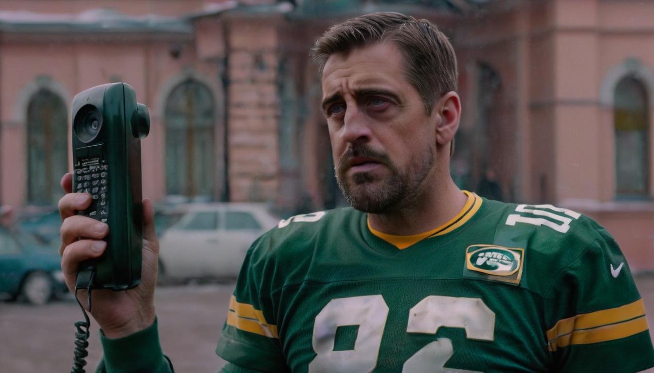 <lora:Aaron Rodgers SDXL - Trigger is aaronrodgers person:.7>  Aaronrodgers person is in a bizarre new film where There's a possessed 1990s style touchtone phone after him, the film is called 'The Phone Call', and the whole thing takes place in Moscow.  Monopolyin moscow fending off the possessed telephone with a Video cameras 