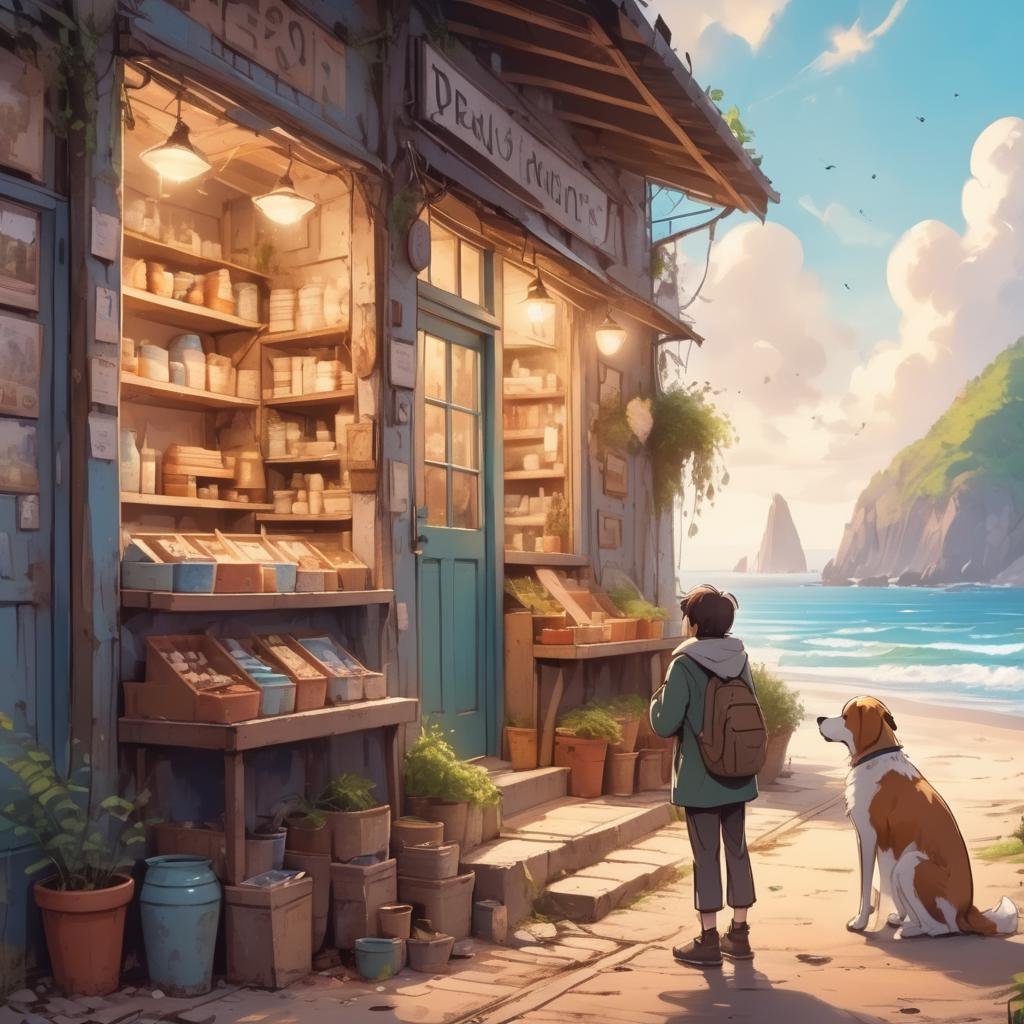 Dreamyvibes artstyle, a lost dog looks up at a small pottery store on the side of a road near the beach  <lora:Dreamyvibes - Alt-Version - Trigger is Dreamyvibes Artstyle:1>