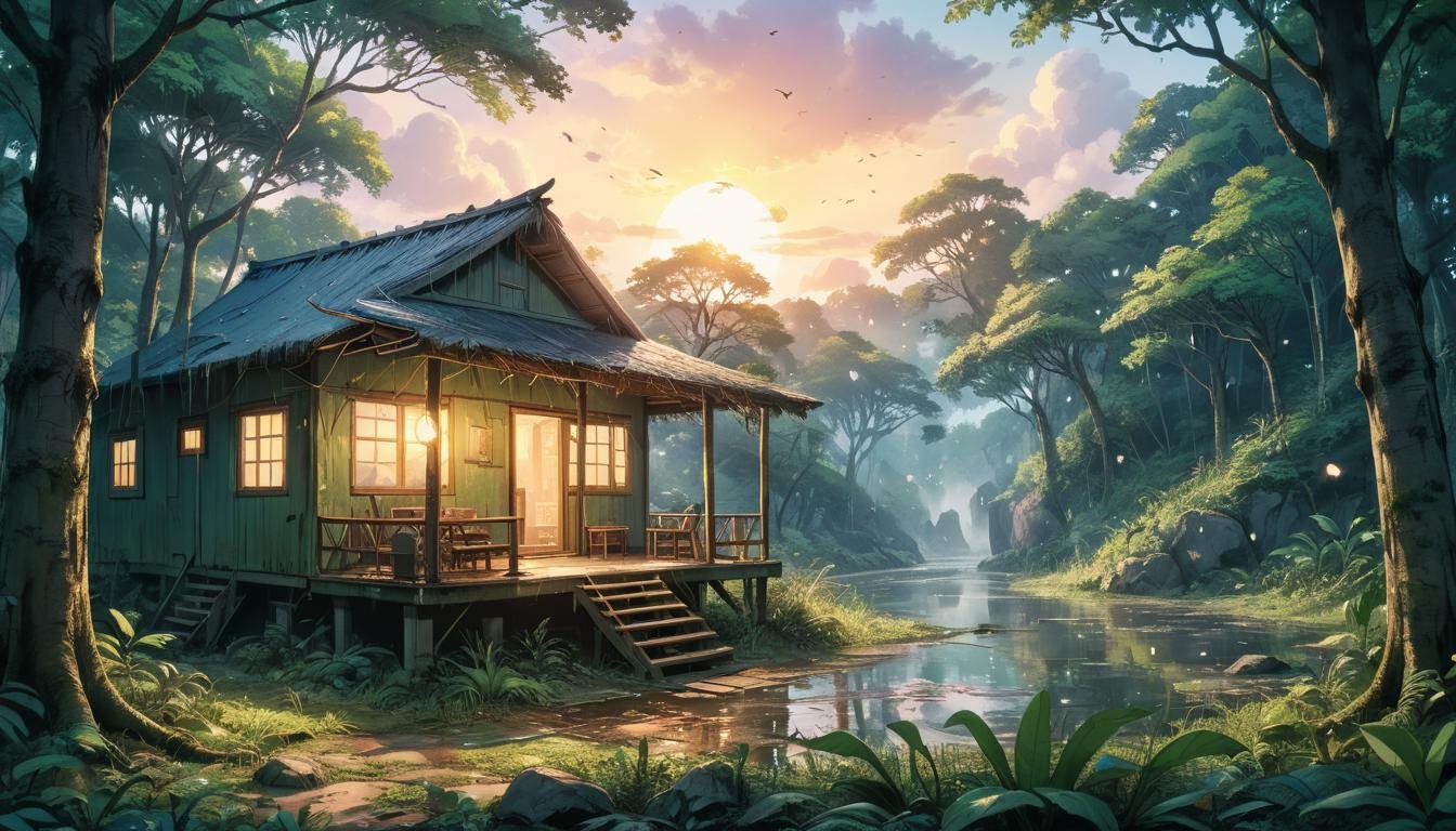 <lora:Dreamyvibes - Alt-Version - Trigger is Dreamyvibes Artstyle:1> Dreamyvibes artstyle, shimmering in jungle. Highly representative of MigrationSeason, and Dusk.  Augmented reality is visible in the distance.  Meiji architecture, Hut. multiverse, comic book 