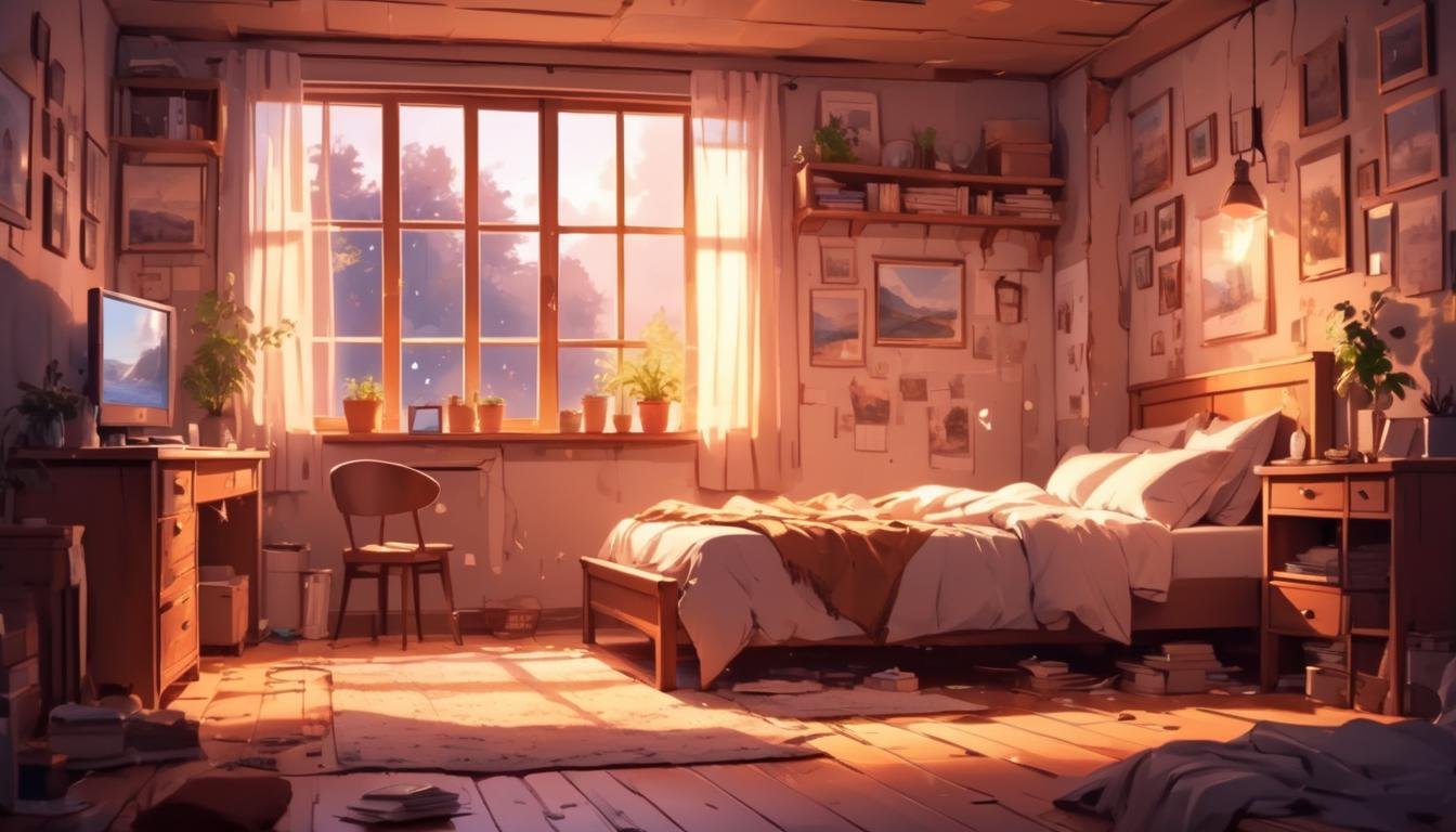 <lora:Dreamyvibes - Alt-Version - Trigger is Dreamyvibes Artstyle:1> dreamyvibes artstyle, s a bedroom with a bed and a nightstand.  A large hole  is torn in the wall, revealing a cozy bedroom with  a bed  and  a nightstand .  The room  is lit by  a single lamp , creating a warm and inviting atmosphere.