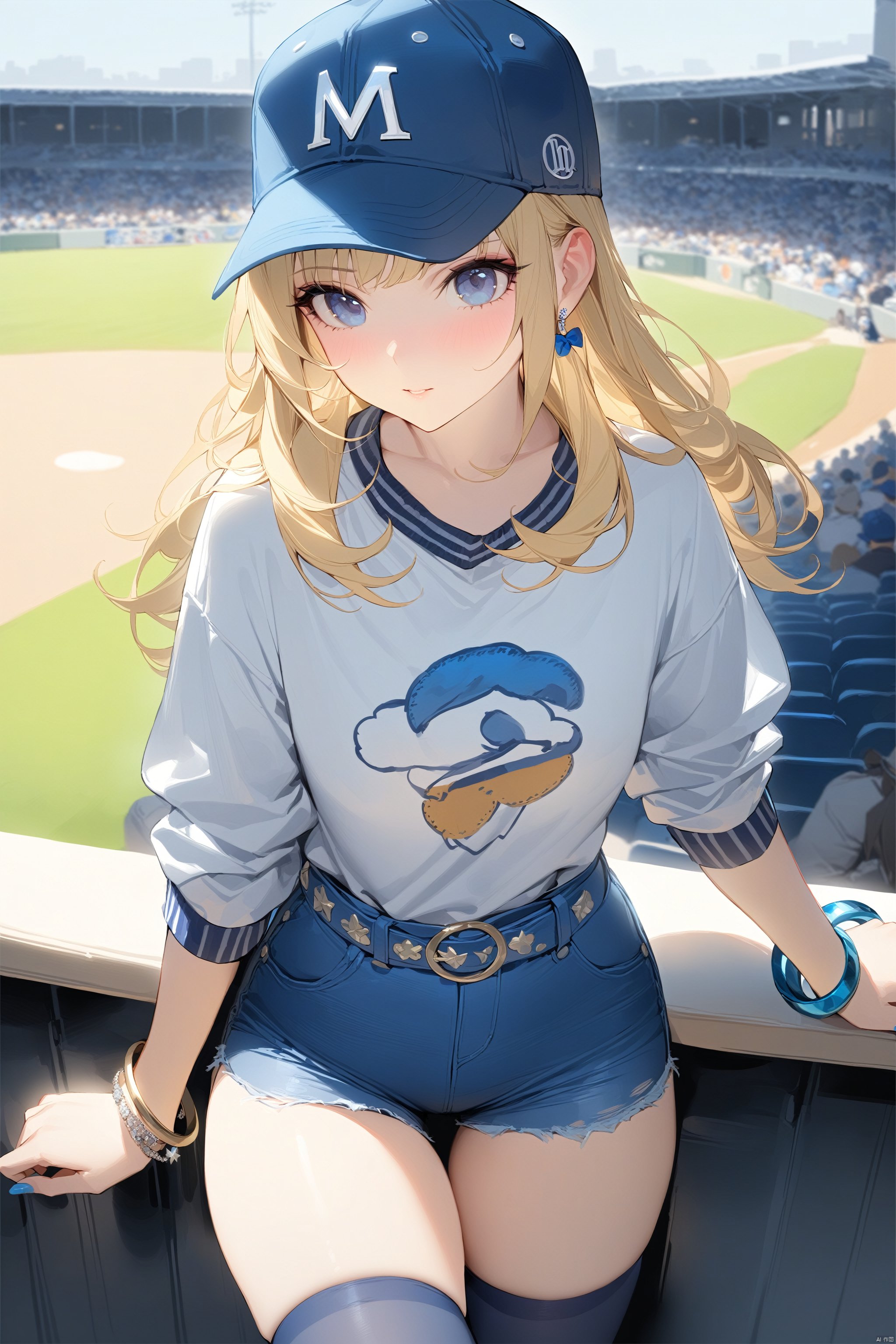 (masterpiece),(best quality),1girl, bangle, bangs, baseball_cap, belt, blonde_hair, blue_bow, blue_headwear, blue_legwear, blue_nails, blue_shorts,