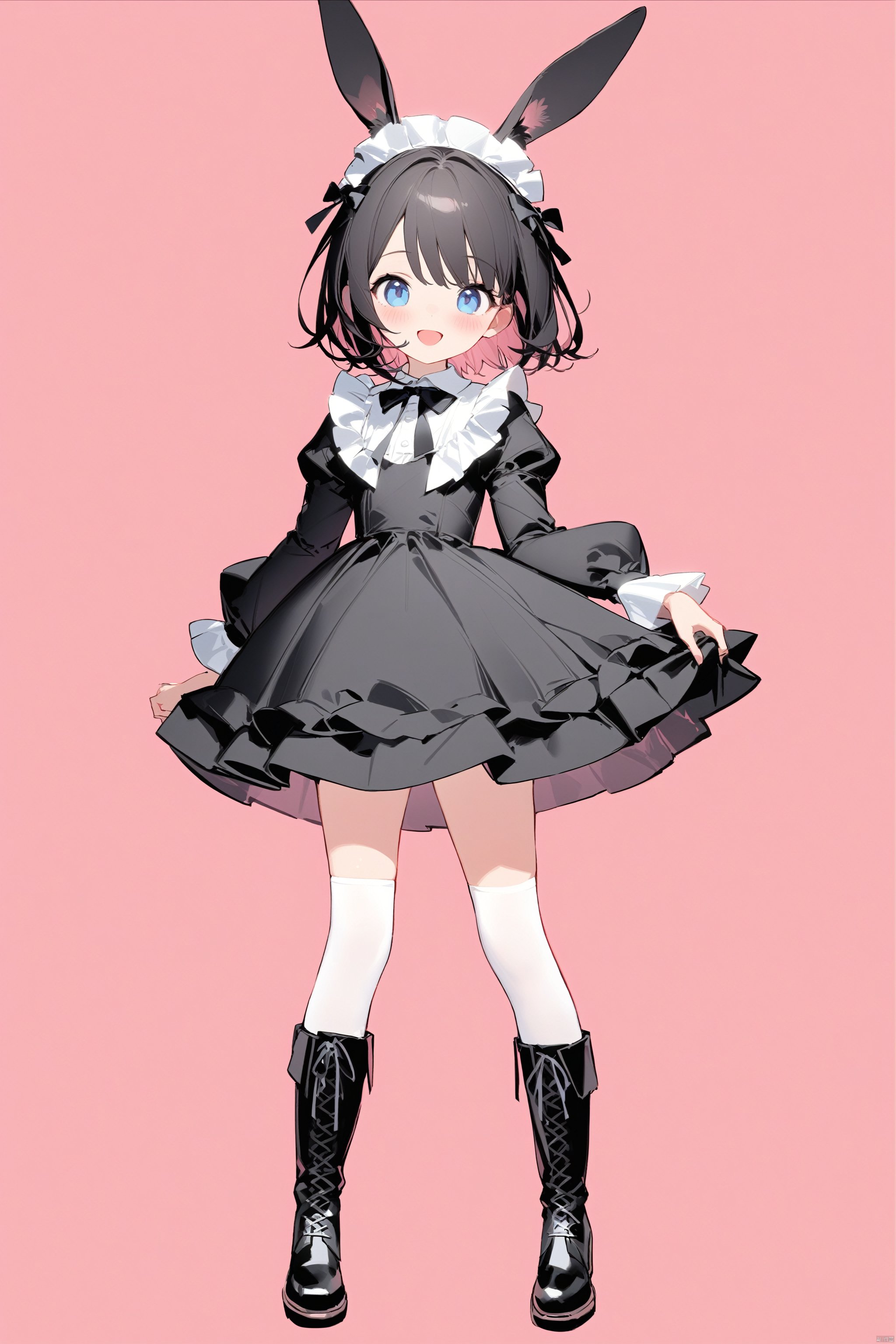  (masterpiece),(best quality),1girl, animal_ears, black_dress, black_footwear, black_hair, blue_eyes, blush, boots, bow, dress, frills, full_body, juliet_sleeves, knee_boots, long_sleeves, looking_at_viewer, open_mouth, pink_background, puffy_sleeves, rabbit_ears, red_background, short_hair, simple_background, smile, solo, standing, white_legwear